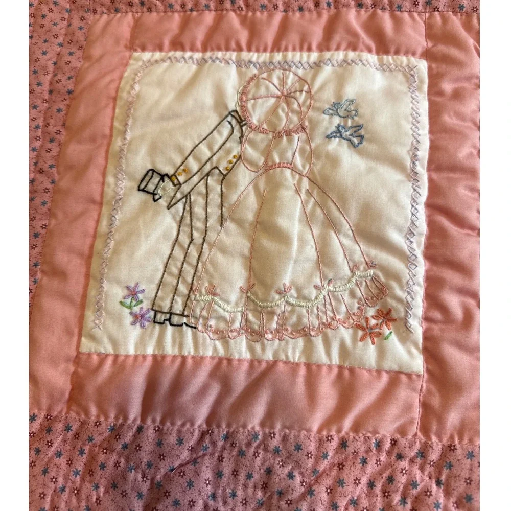 Vintage Pristine Handmade Baby Crib Quilt, Pink Embroidered Nursery Heirloom